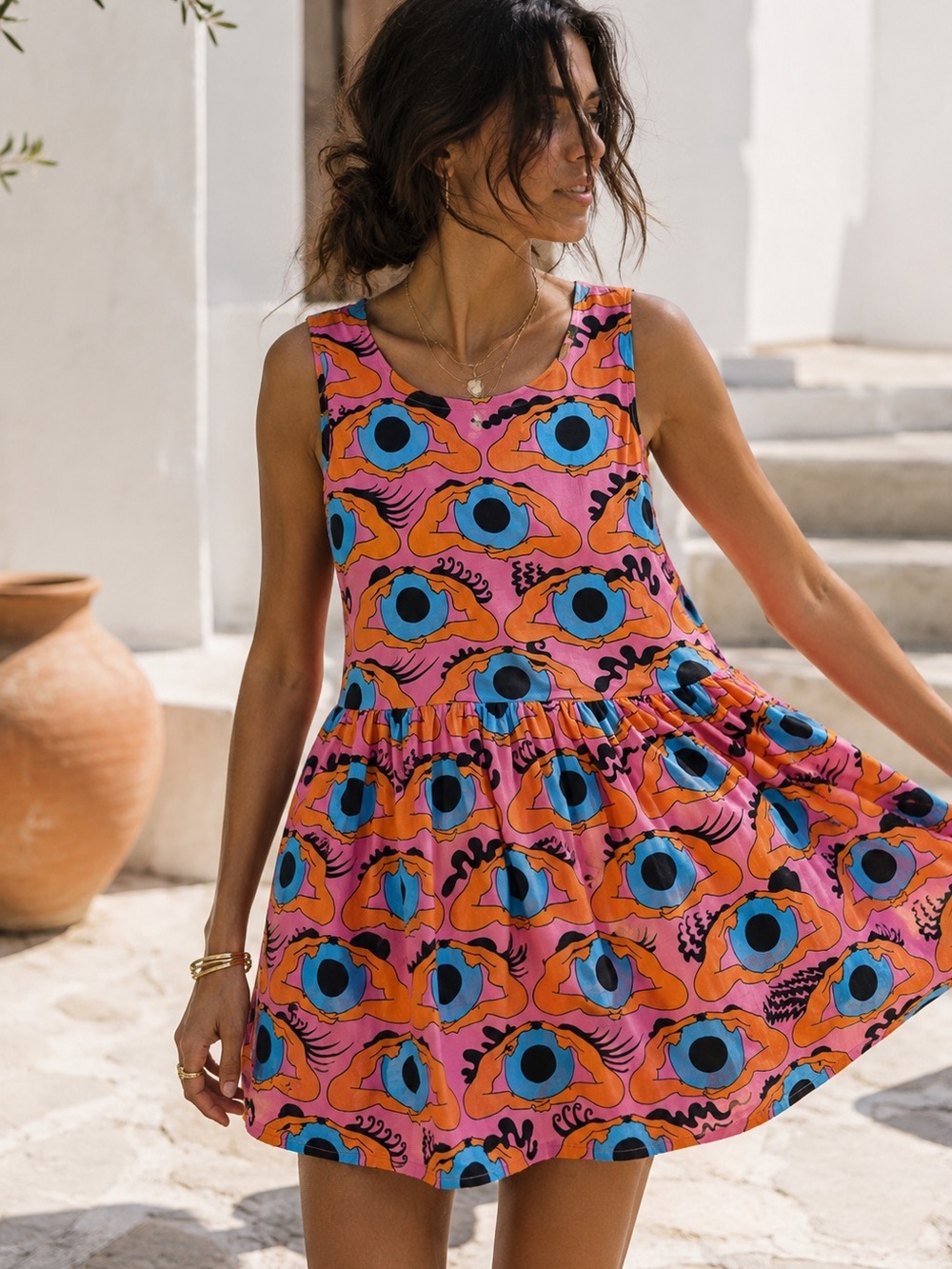Nooworks Frida Psychedelic Eyes Dress Pink XS Artsy Cotton Pop Art Sleeveless